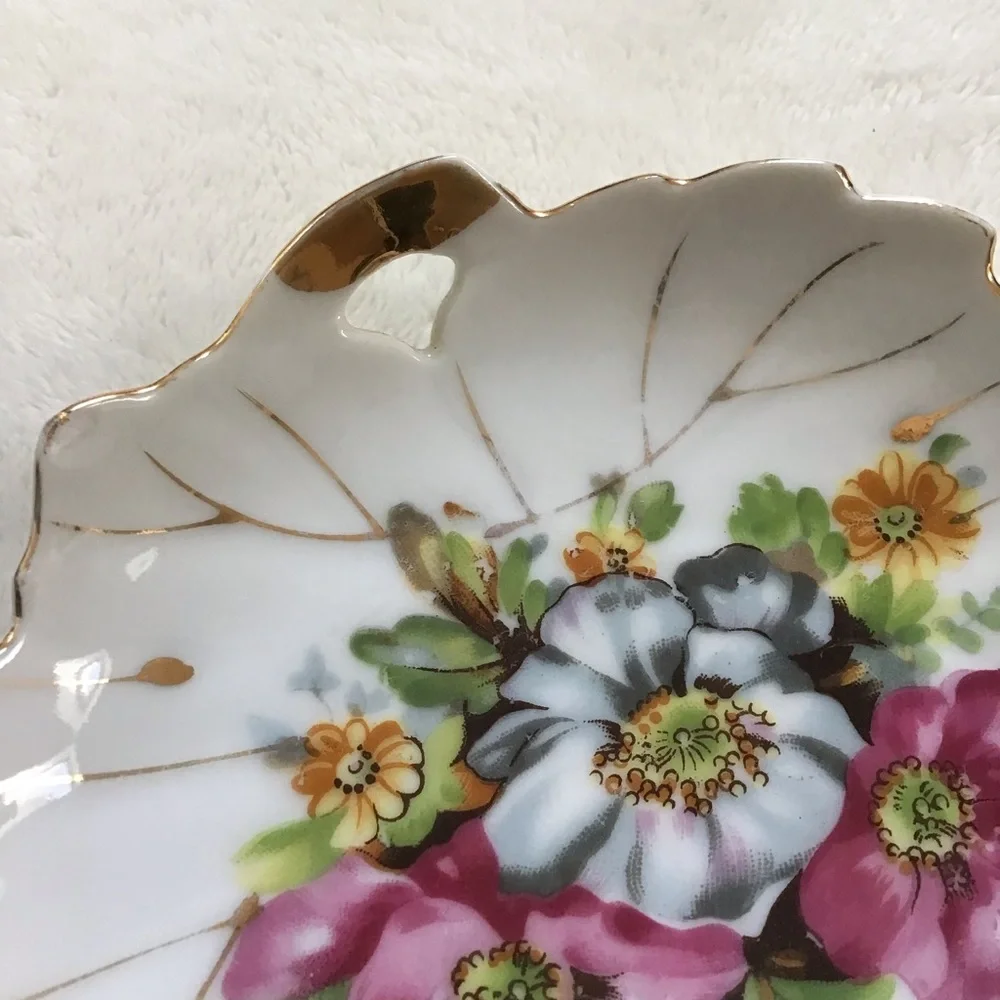 Vintage Japan Floral Porcelain Trinket Dish Gold Trim Scalloped Handle